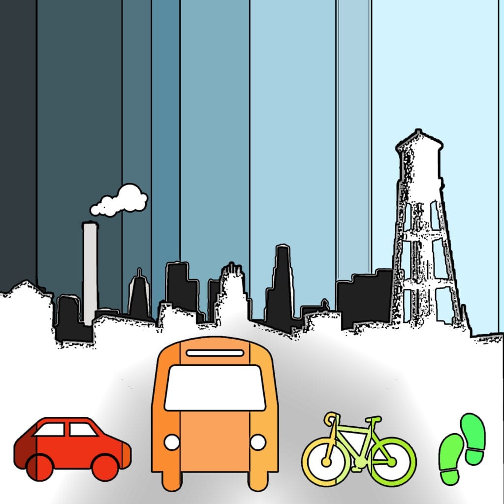 city skyline, sky that goes from fark to light. Foreground is a car, bus, bike and feet.
