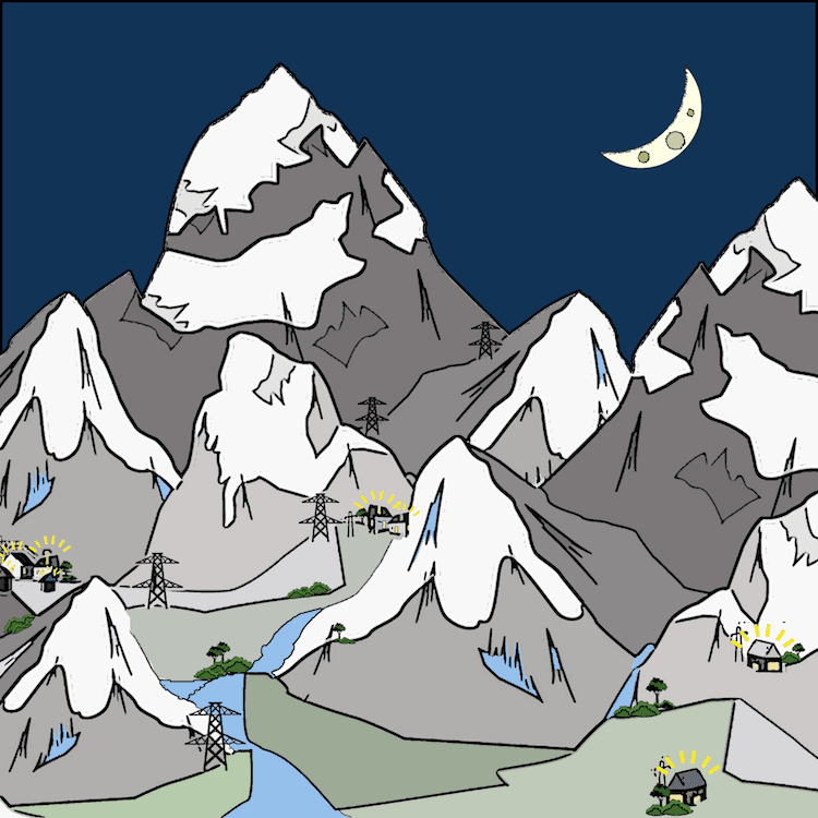 Mountains, river, night time, houses with lights, and powerlines leading to them