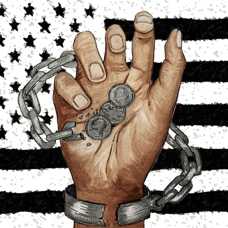 Black and white American flag background, brown hand with chain. Chain is broken at wrist. Chain turns into coins in the palm