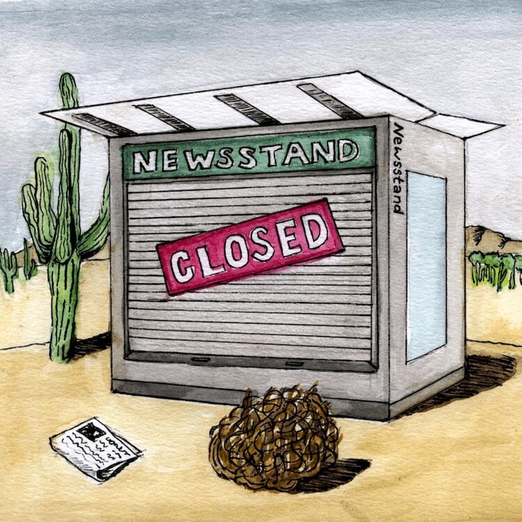 newsstand in the desert with the words "closed"