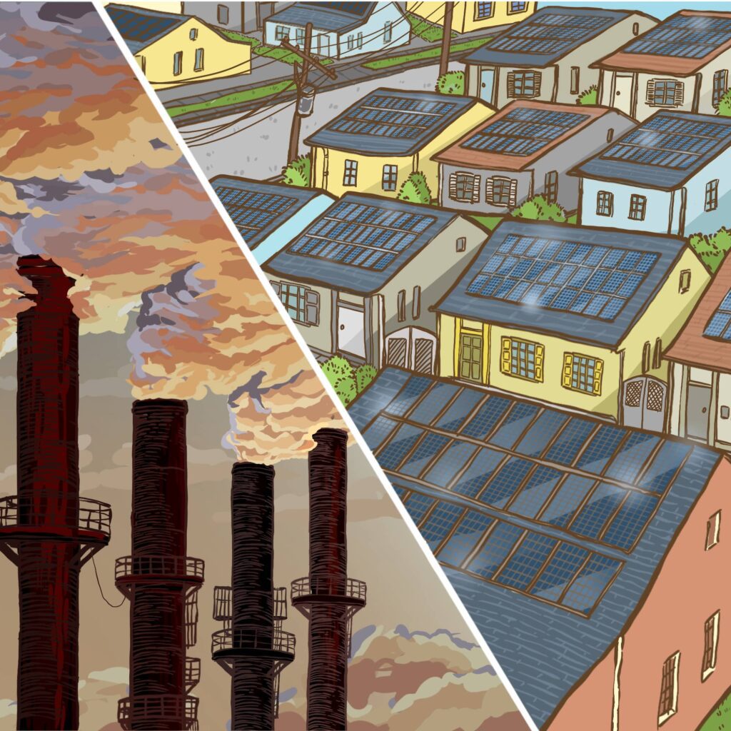 One side has smokestacks, the other has homes with solar