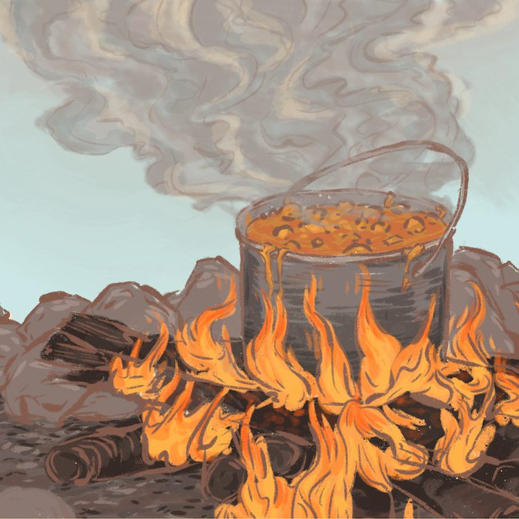 illustration of a cooking fire, outside, steam emerging from pot