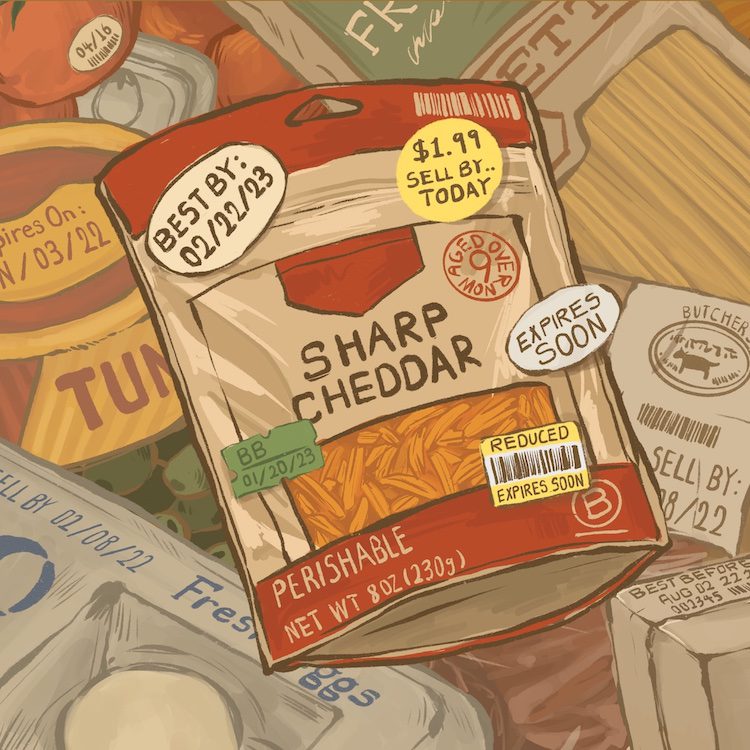 Illustration of different containers of food, all with widely different food labels