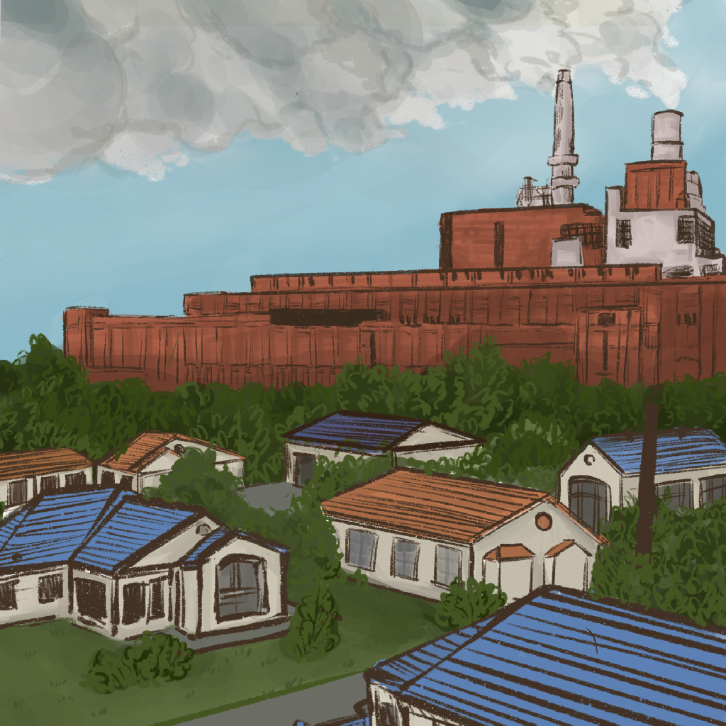 illustration of a large power plant expelling stuff into the air, homes in the foreground