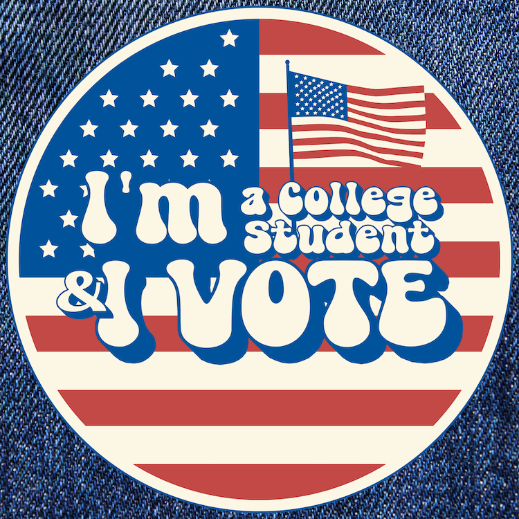 A sticker on jeans that says, "I'm a college student & I vote" in groovy letters. American flag background